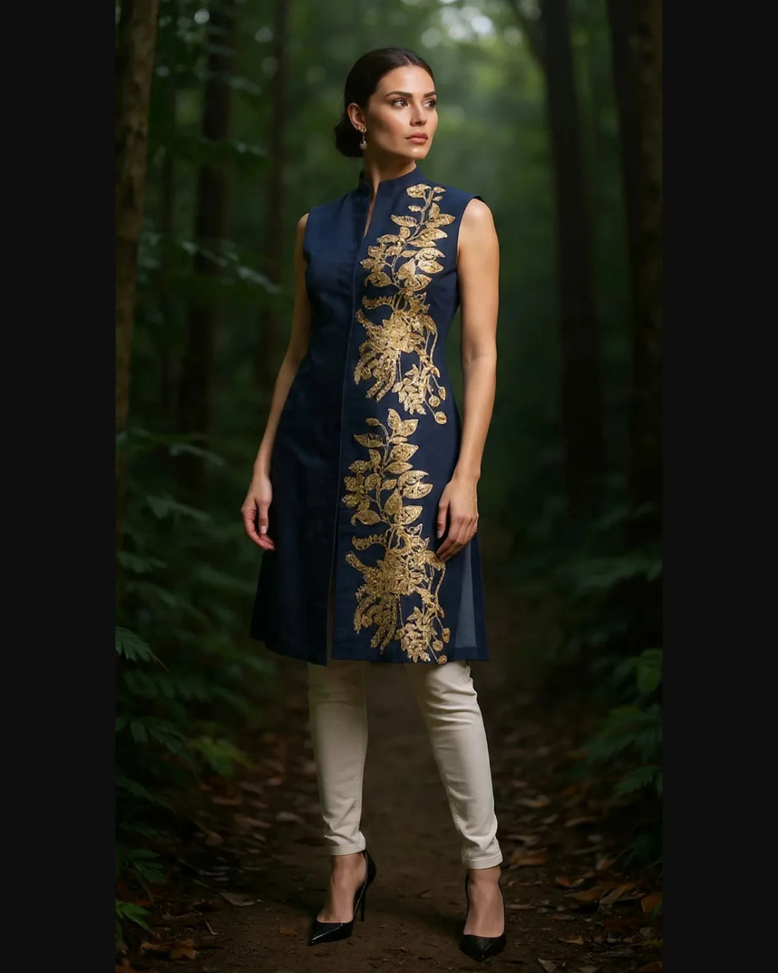 Woman wearing a denim sleeveless top with gold embroidery in a forest setting