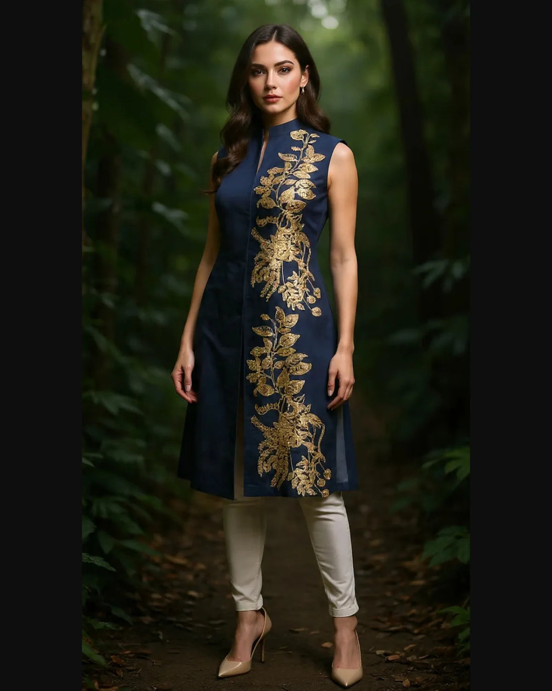 Woman wearing a denim sleeveless top with gold embroidery in a forest setting