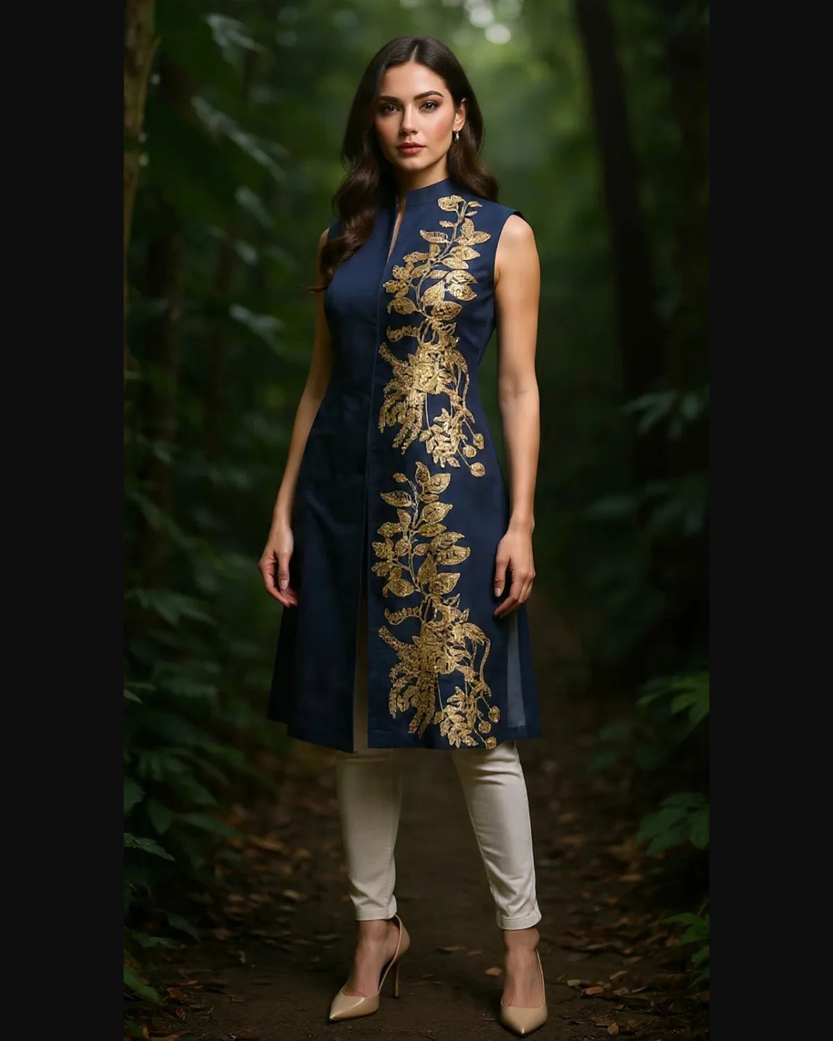 Woman wearing a navy blue dress with gold embroidery in a forest setting