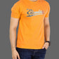 Man wearing an orange t-shirt with 'Element' logo on a gray background