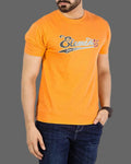 Man wearing an orange t-shirt with 'Element' logo on a gray background