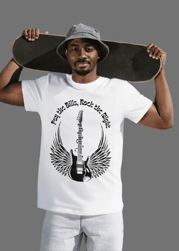 Man holding a skateboard wearing a white t-shirt with a guitar design and text.