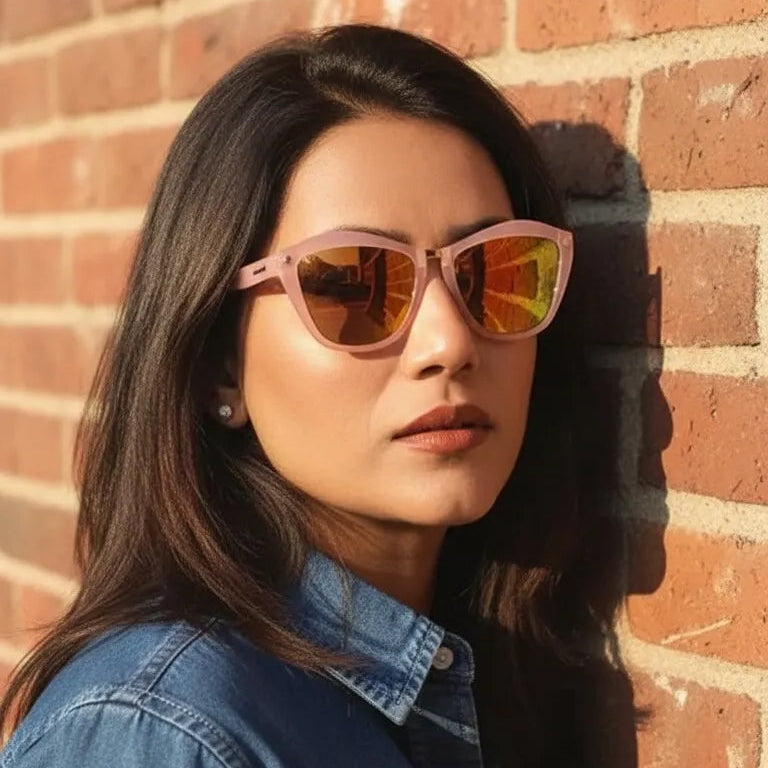 Woman wearing pink sunglasses and a blue denim jacket against a brick wall.
