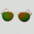 Pink-framed sunglasses with green lenses on a light gray background