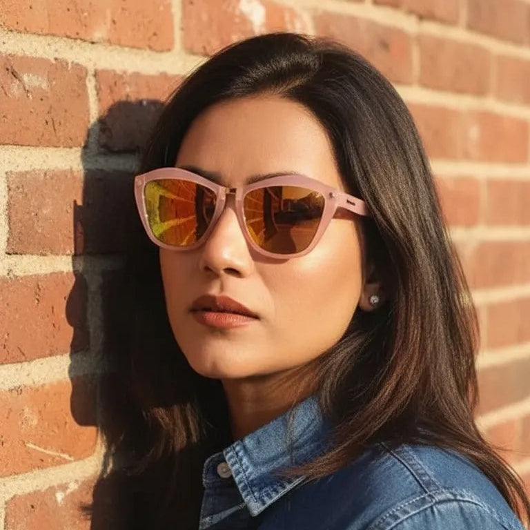 Woman wearing pink sunglasses and a blue denim jacket against a brick wall.