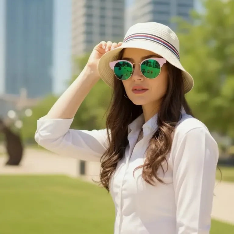 Woman wearing a white shirt and hat with green sunglasses in an urban park setting