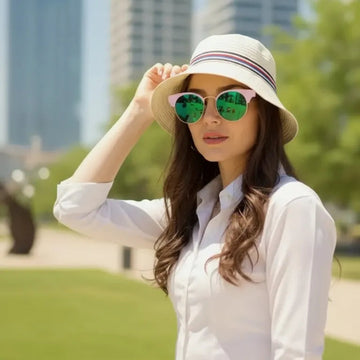 Woman wearing a white shirt and hat with green sunglasses in an urban park setting