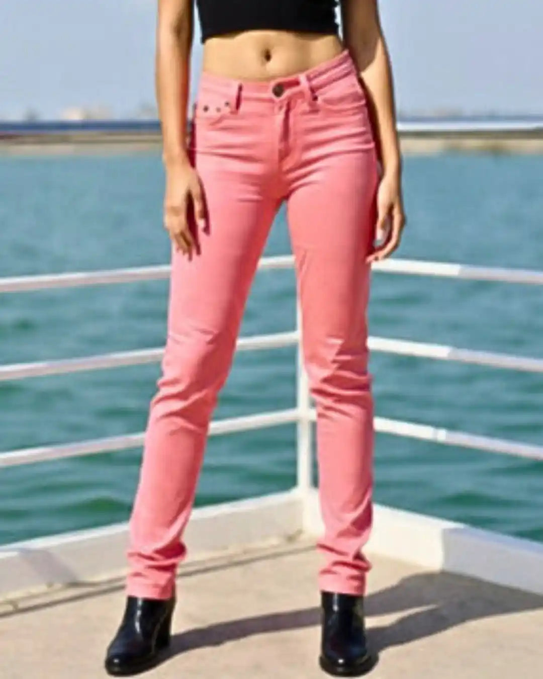 Person wearing pink jeans standing by a waterfront