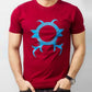 Man wearing a red t-shirt with a blue logo on a plain background