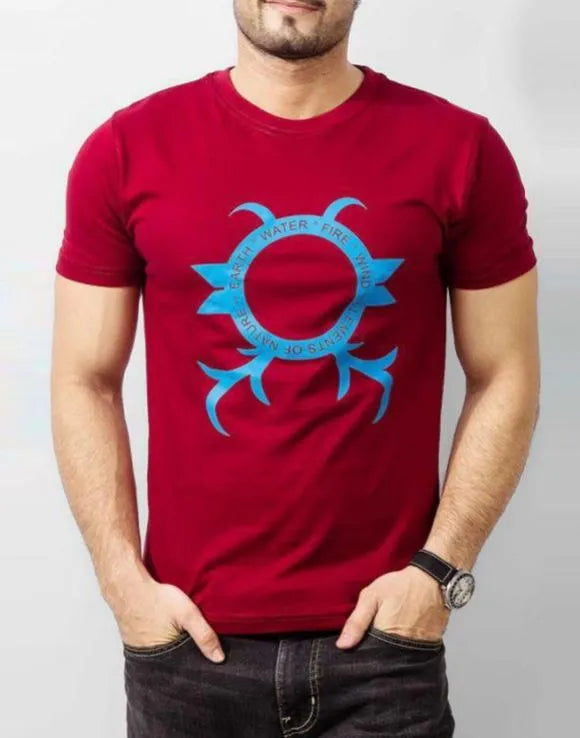 Man wearing a red t-shirt with a blue logo on a white background