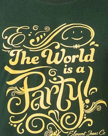 Green t-shirt with gold decorative text 'The World is a Party' on a green background