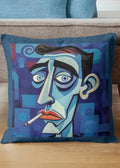 Decorative pillow with abstract face design on a couch
