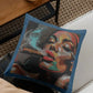 Decorative pillow with a colorful face design on a couch