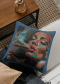 Decorative pillow with a colorful face design on a couch