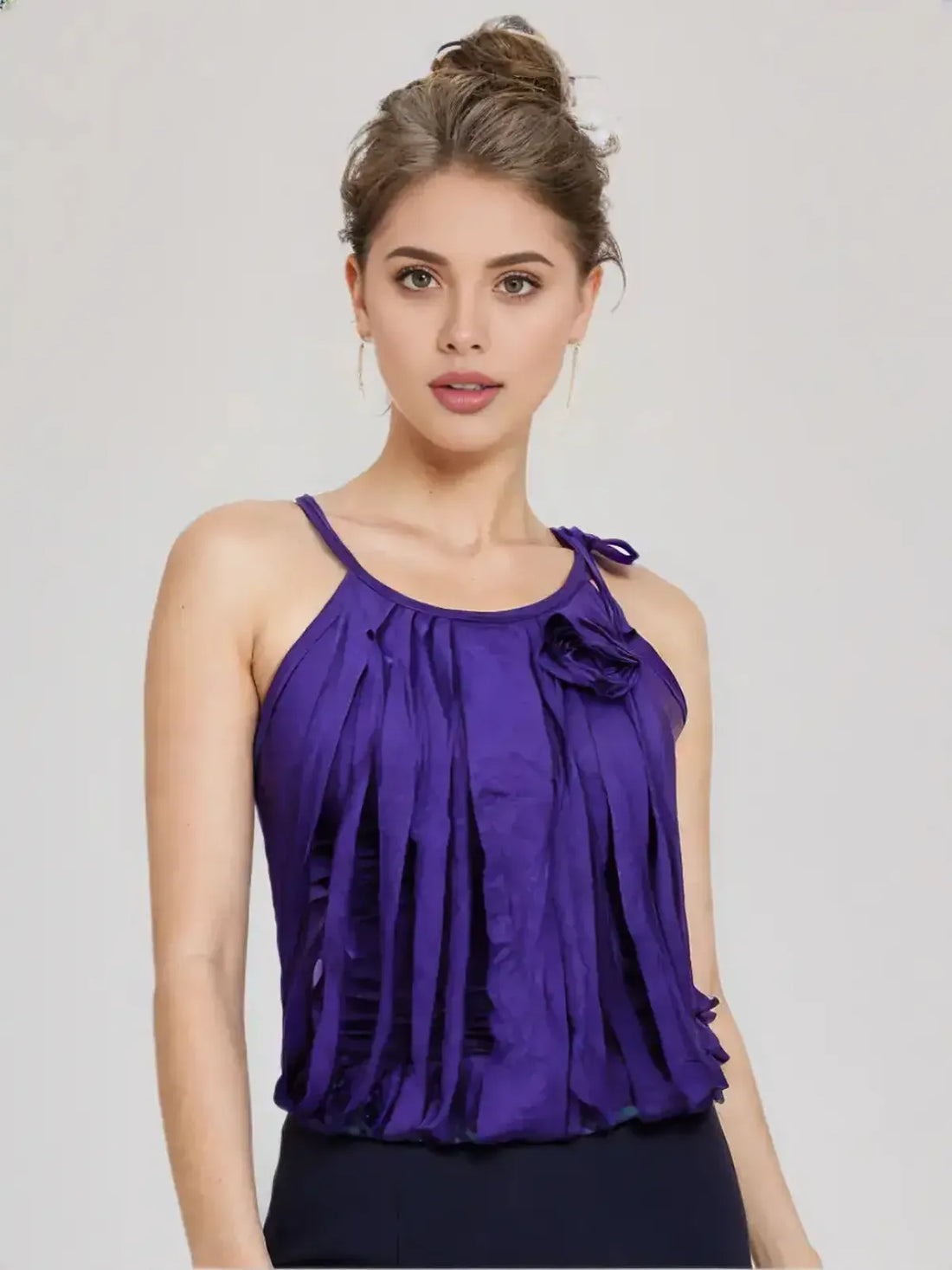 Purple Spaghetti Strap Tie-Up Tank Top with Fabric Flower