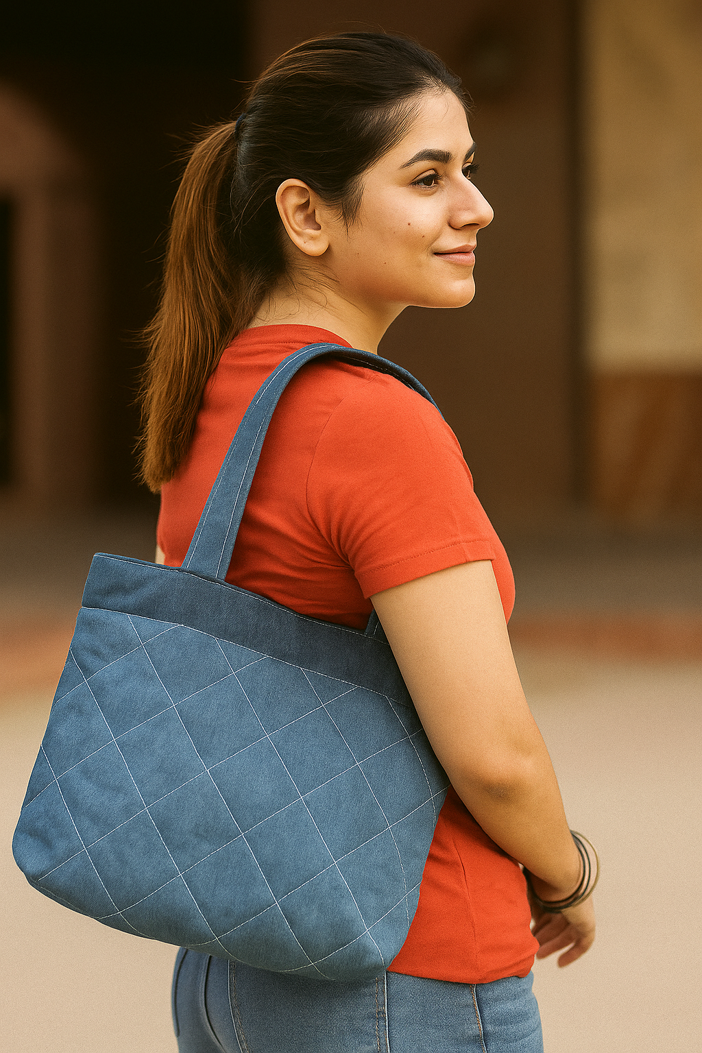 Woman carrying a blue quilted handbag on a blurred background