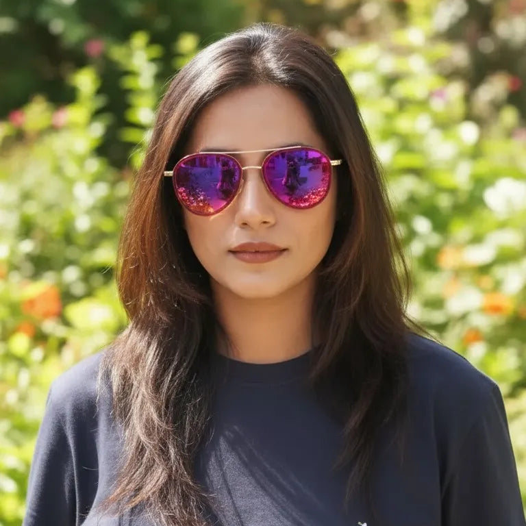 Sunglasses with Red reflective lenses on a textured surface