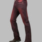 Red jeans worn by a person on a gray background