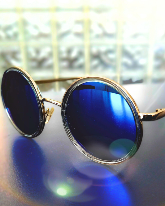 Round Frame Sunglasses With Blue Reflective Lens