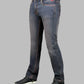 Blue jeans worn by a person on a gray background