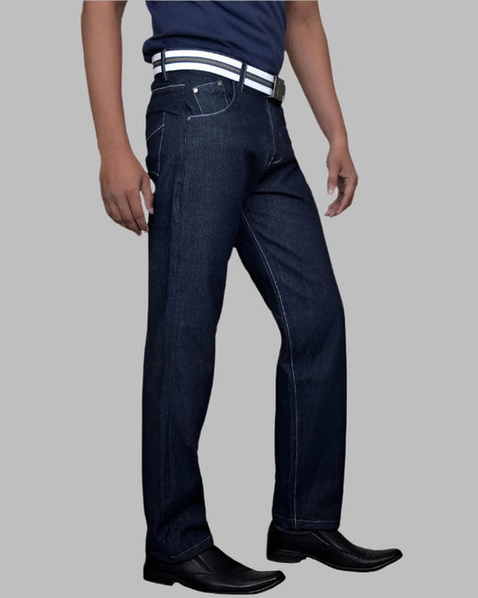 Mid-Night Blue Straight Fit Jeans, A very smart & trendy Mid Night Blue Straight Fit 100% Cotton Premium Denim Jeans With White & Blue narrow gauge Top Stitching aesthetically done around the entire garment to give it a subtle style that is appreciated by people with good taste. Midnight Blue Straight Fit Jeans are a classic and stylish option for those looking for a pair of jeans that provide both comfort and fashion