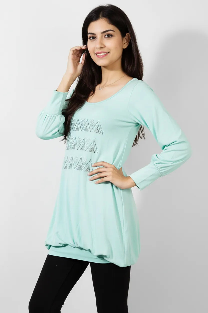 Sea Green Round Neck Top for Women