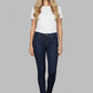 Woman wearing a white t-shirt and dark blue jeans on a gray background