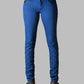 Blue jeans with embellishments on a gray background