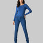 Woman wearing a blue outfit on a white background