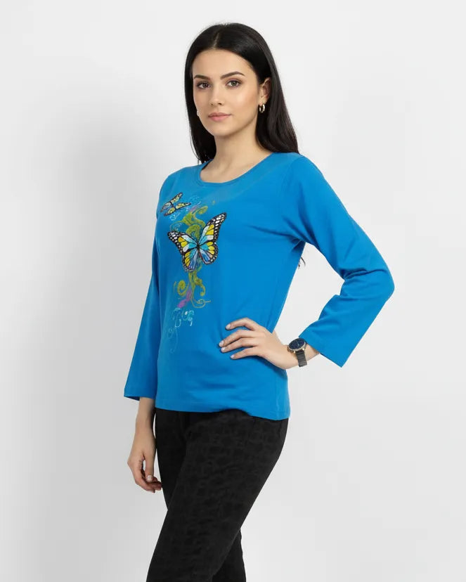 Sky Blue Cotton Knitted Butterfly Printed Crew Neck Full Sleeve T-Shirt