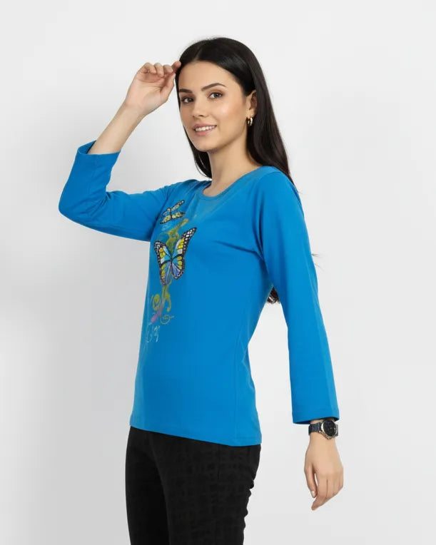 Sky Blue Cotton Knitted Butterfly Printed Crew Neck Full Sleeve T-Shirt