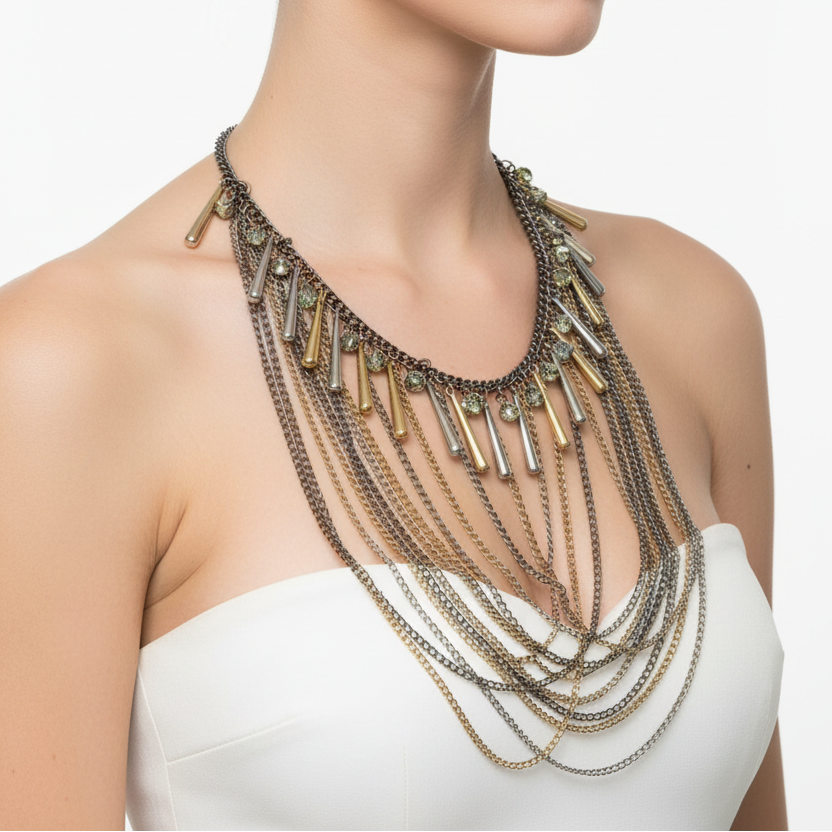 Necklace with multiple chains and pendant details on a black background