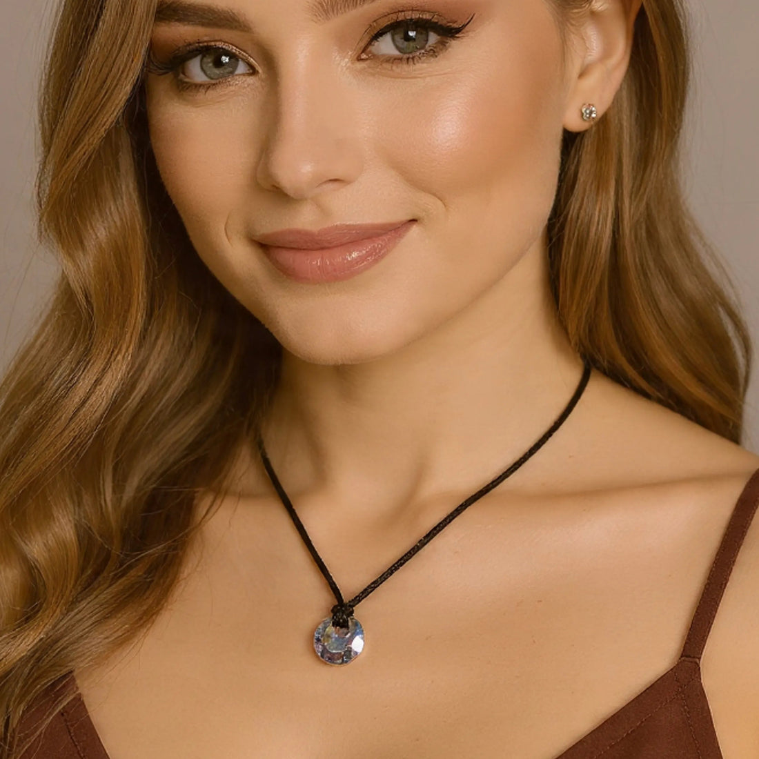 Woman wearing a brown top and black necklace against a beige background