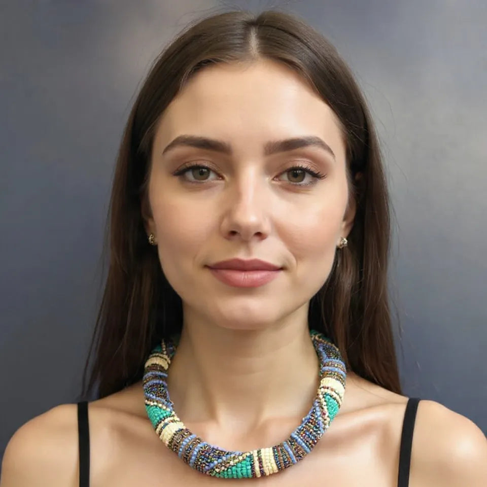 Beaded necklace with multicolor pattern on a dark background
