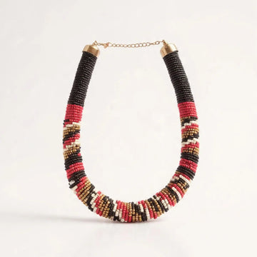 Multicolored beaded necklace on a white background