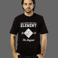 Person wearing a black t-shirt with white text and design on a gray background