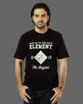 Person wearing a black t-shirt with white text and design on a gray background
