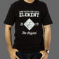Person wearing a black t-shirt with white text and design on a gray background