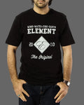 Person wearing a black t-shirt with white text and design on a gray background