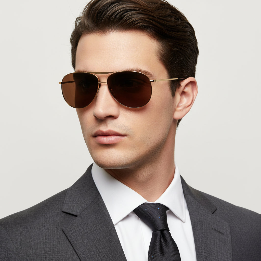 Aviator sunglasses with brown lenses on a white background