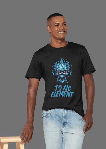 Man wearing a black t-shirt with a blue graphic design and text on a gray background