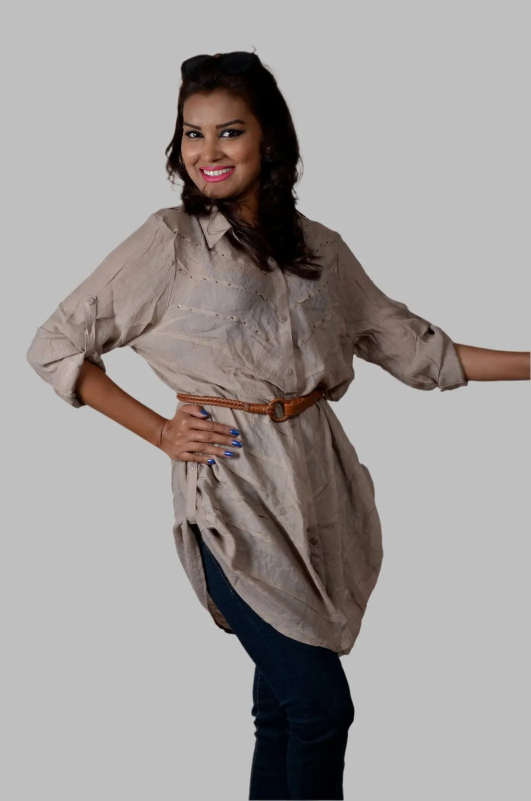 Trendy Fawn color loose fit linen shirt with pin tucks