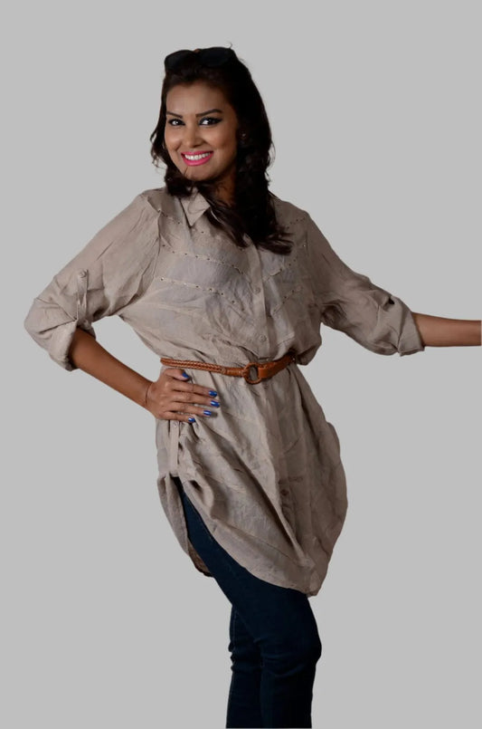 Trendy Fawn color loose fit linen shirt with pin tucks