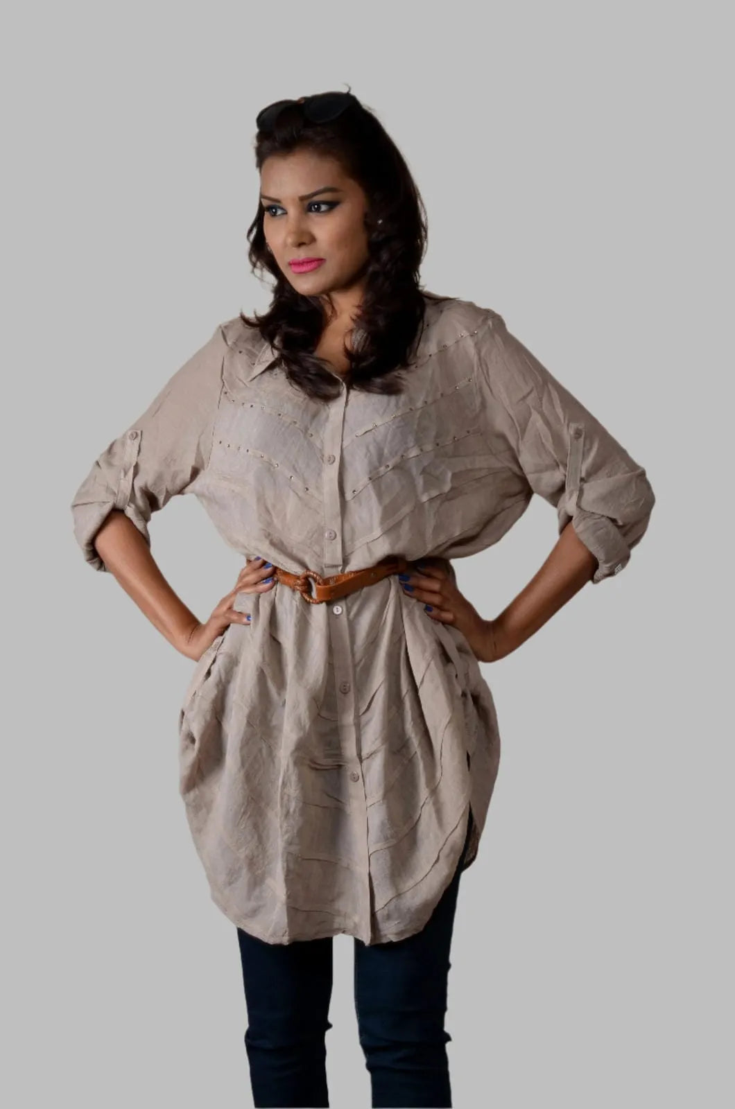 Trendy Fawn color loose fit linen shirt with pin tucks