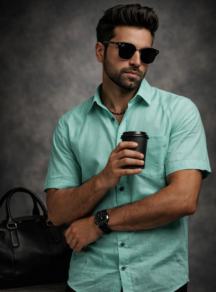 Man in teal shirt holding a coffee cup against a dark background