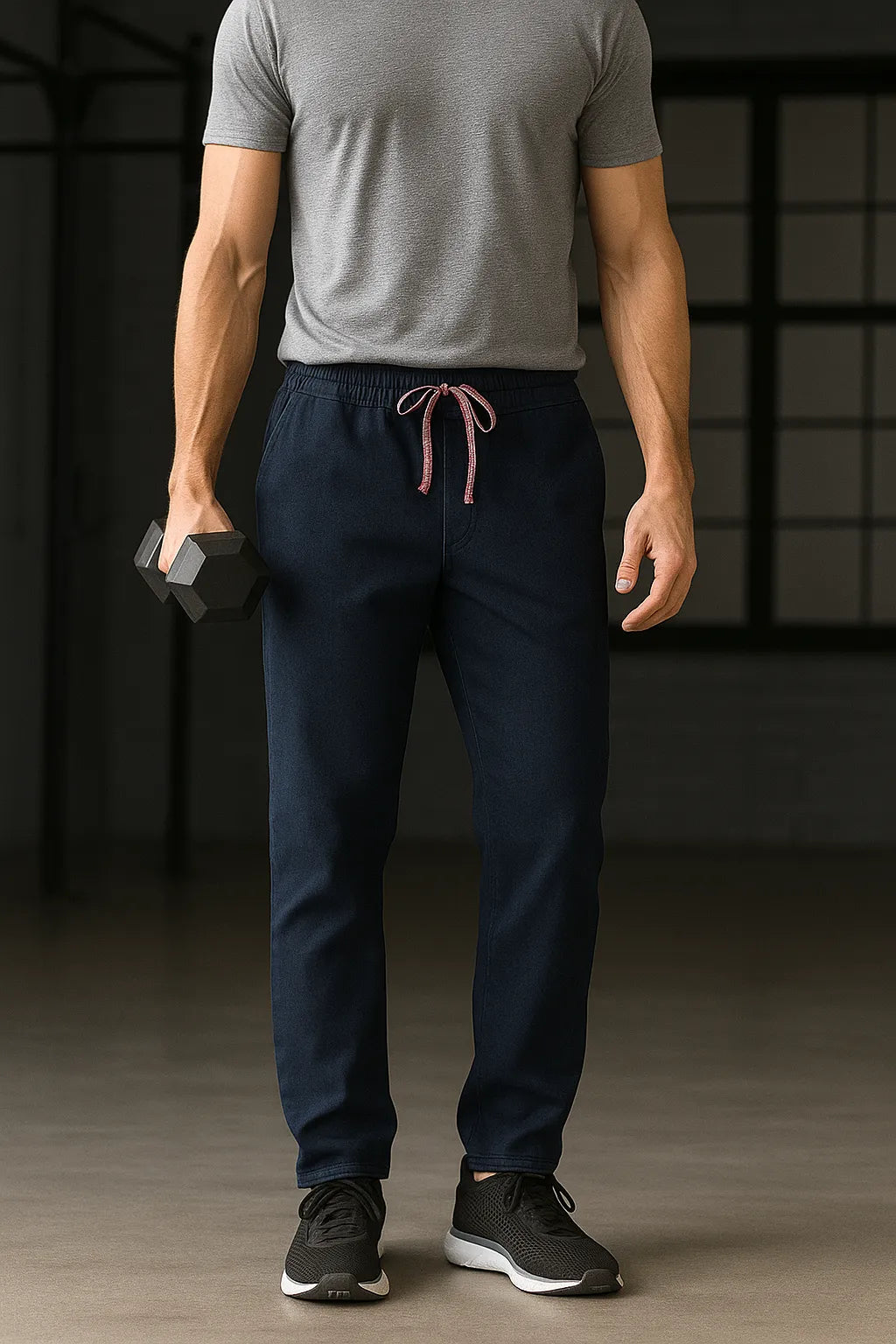 Person wearing navy jogger pants and a gray t-shirt holding dumbbells in a dark room.