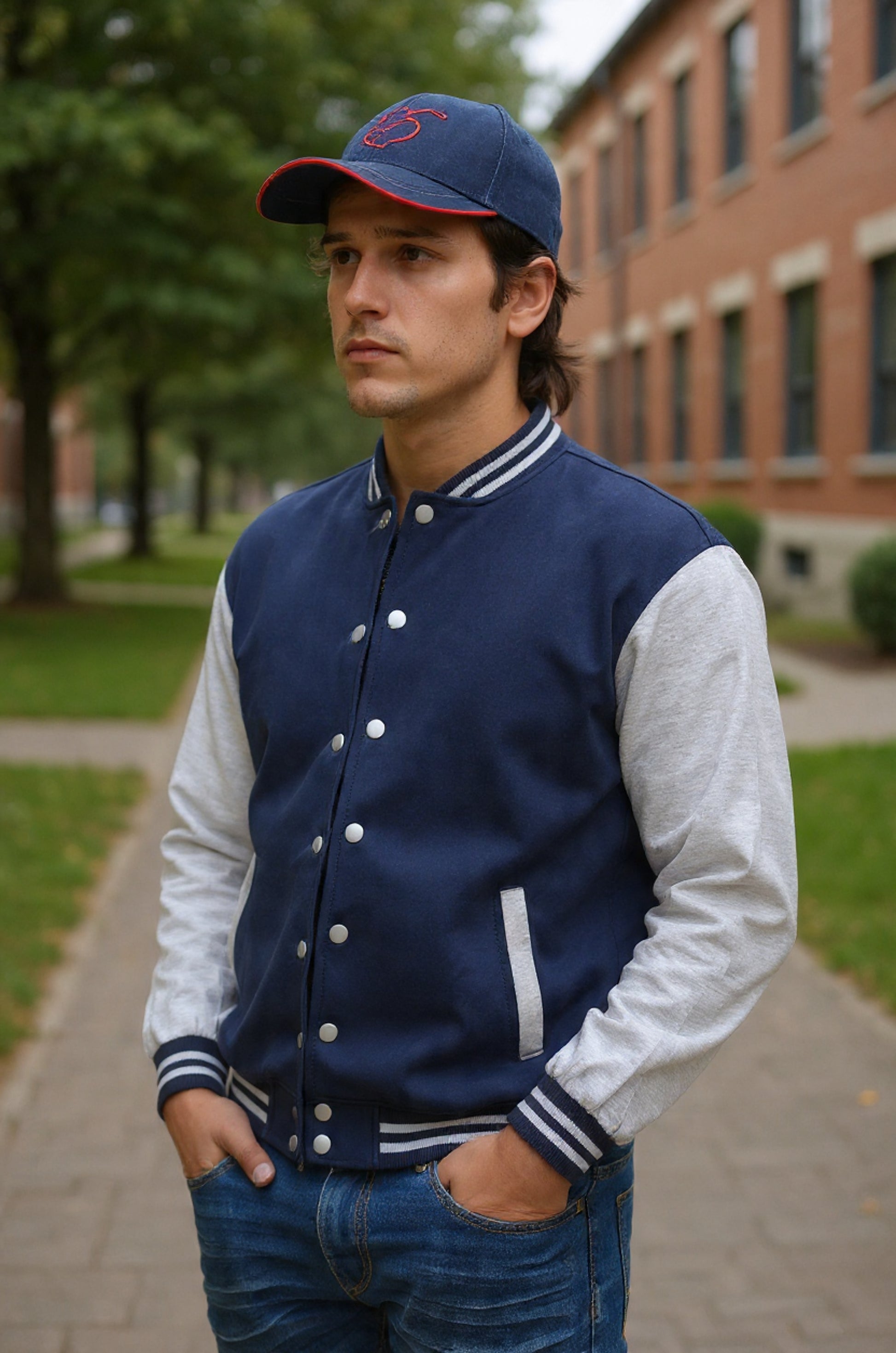Man wearing a navy varsity jacket and cap outdoors on a path with trees and buildings in the background.