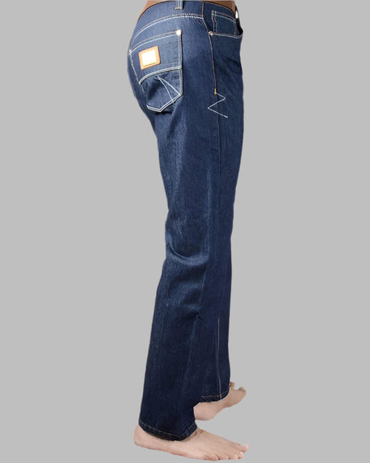 Midnight Blue five pocket men’s classic cut jeans, Rinse Wash, zip fly with button closure with golden and white narrow top stitch. This jeans has Zigzag white embroidery on out seam,leather patch on back pocket. with small embroidered logo accent on pocket facing.  