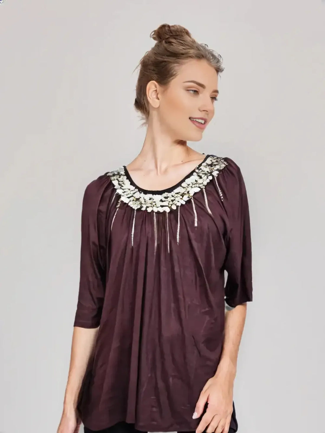 Coin Embellished Baby Doll Knit Top – Elegant & Trendy Style