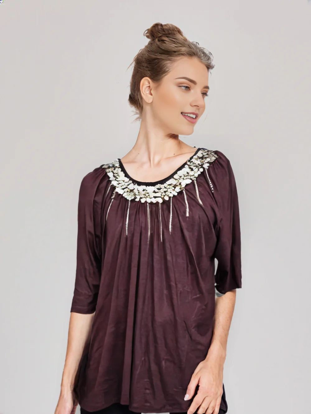 Coin Embellished Baby Doll Knit Top – Elegant & Trendy Style